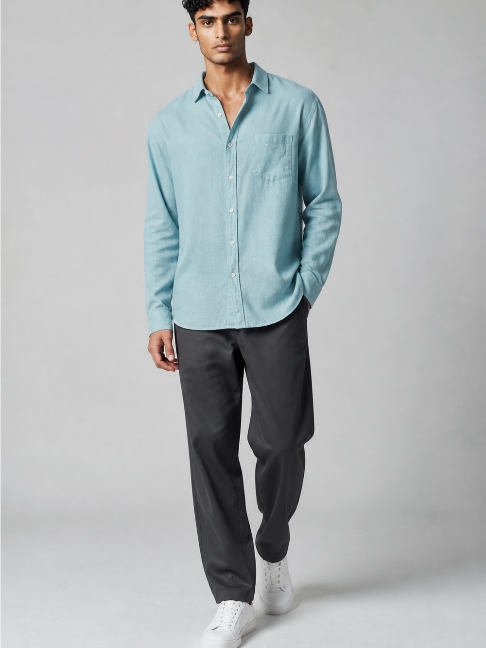Merona  Long Sleeve Button Up Linen Shirt Men’s 2XL Aqua Blue Pocket